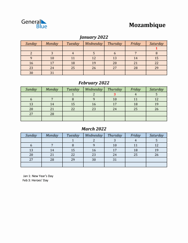 Q1 2022 Holiday Calendar - Mozambique