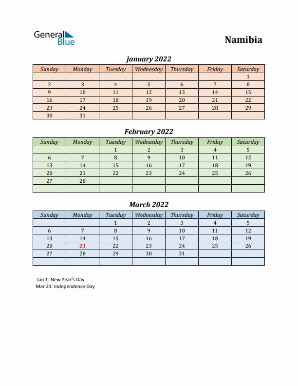 Q1 2022 Holiday Calendar - Namibia