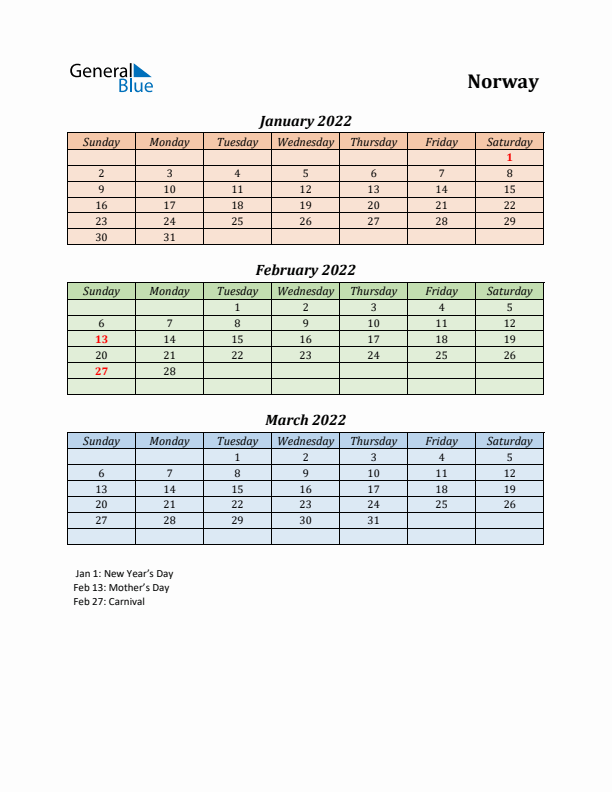 Q1 2022 Holiday Calendar - Norway