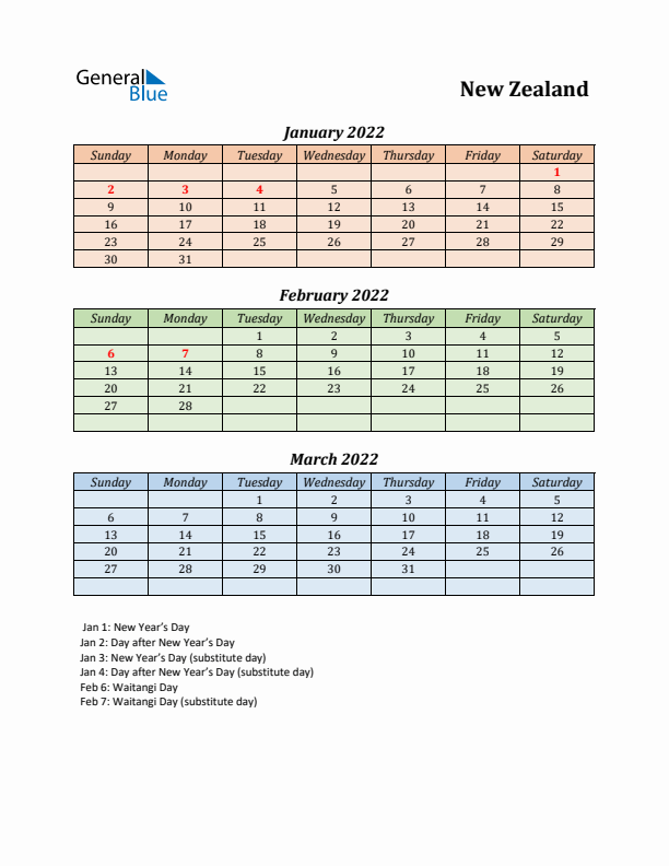 Q1 2022 Holiday Calendar - New Zealand