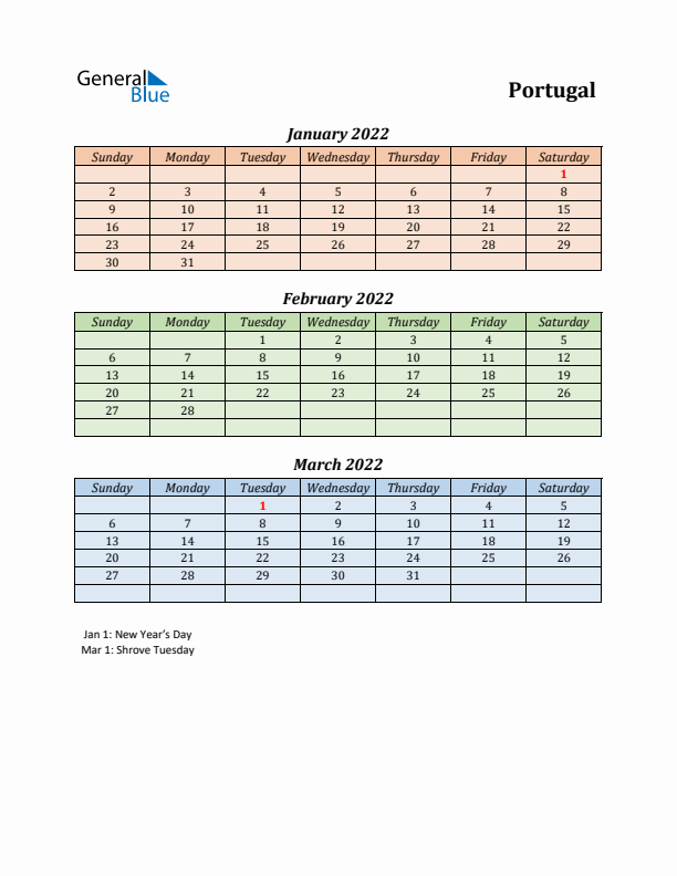 Q1 2022 Holiday Calendar - Portugal