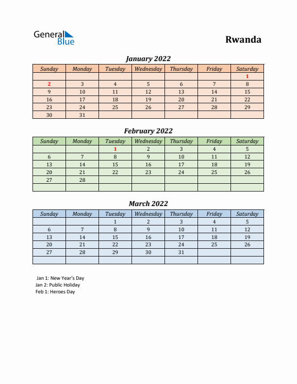 Q1 2022 Holiday Calendar - Rwanda