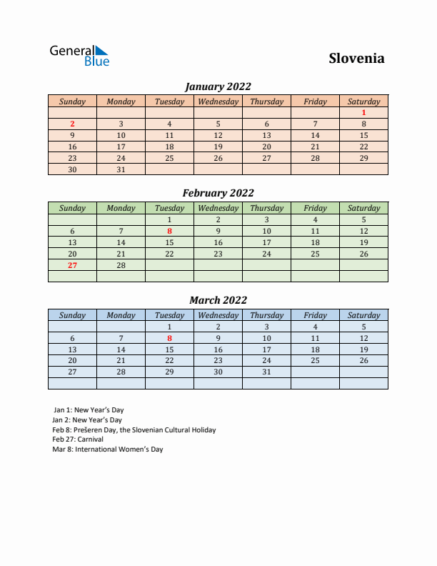 Q1 2022 Holiday Calendar - Slovenia