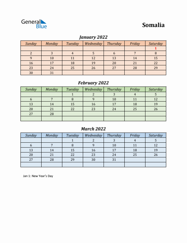 Q1 2022 Holiday Calendar - Somalia