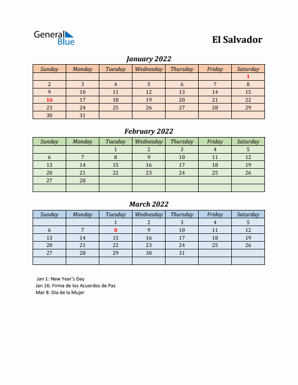 Q1 2022 Holiday Calendar - El Salvador