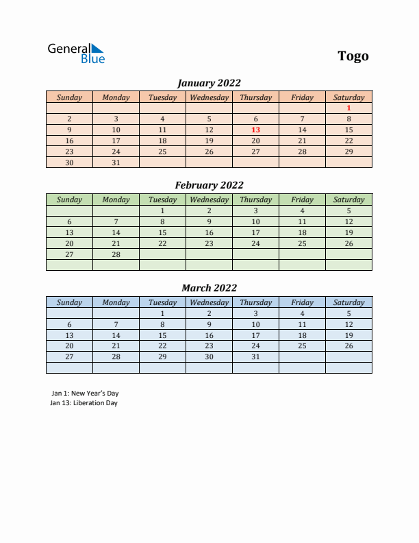 Q1 2022 Holiday Calendar - Togo