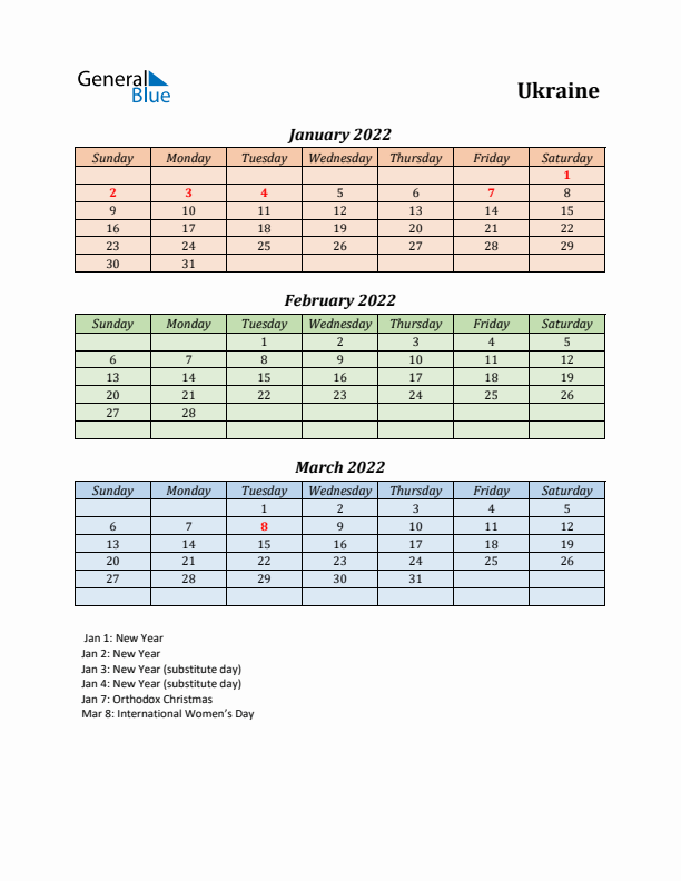 Q1 2022 Holiday Calendar - Ukraine