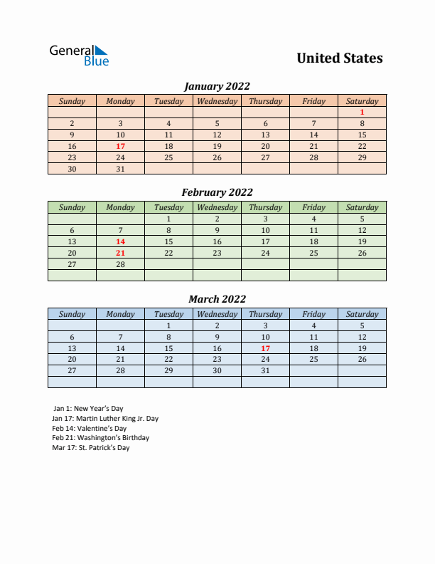 Q1 2022 Holiday Calendar - United States