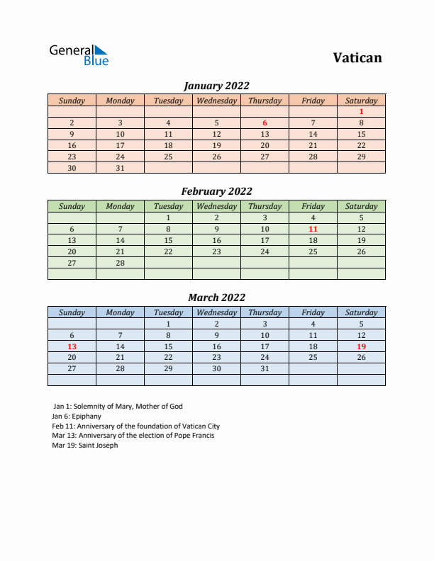 Q1 2022 Holiday Calendar - Vatican