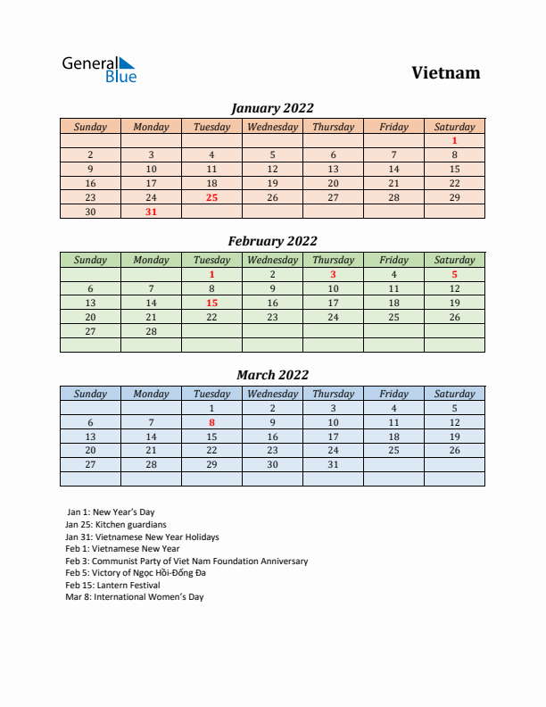 Q1 2022 Holiday Calendar - Vietnam