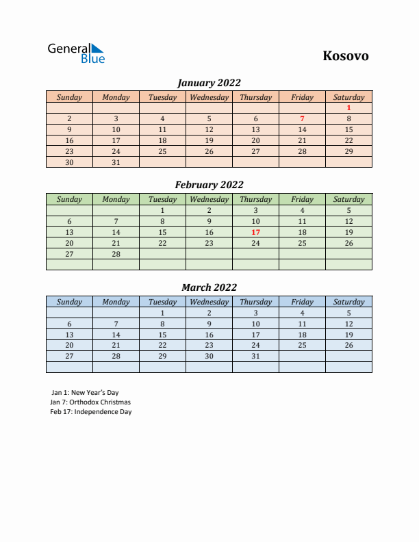 Q1 2022 Holiday Calendar - Kosovo