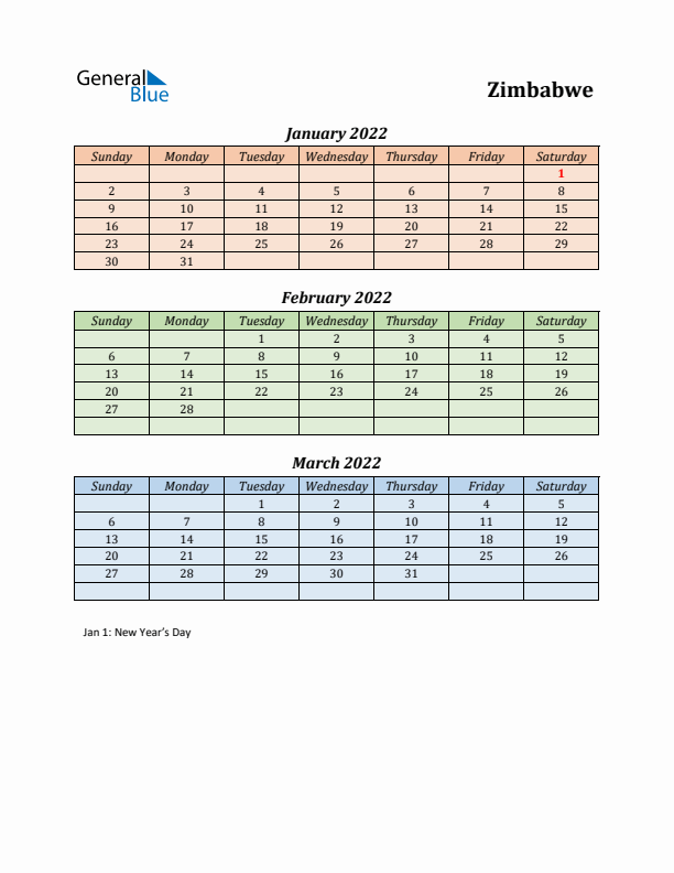 Q1 2022 Holiday Calendar - Zimbabwe