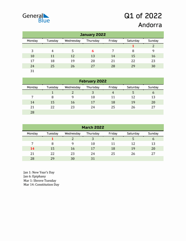 Quarterly Calendar 2022 with Andorra Holidays