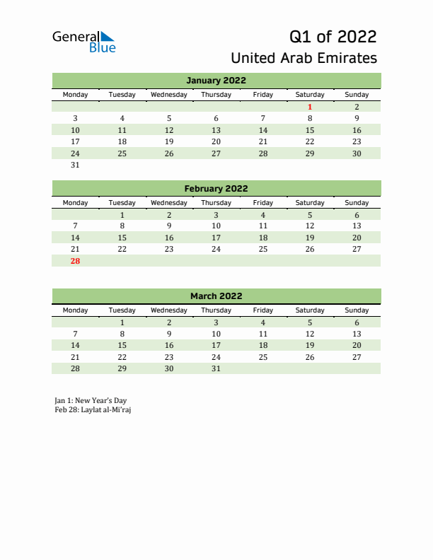 Quarterly Calendar 2022 with United Arab Emirates Holidays