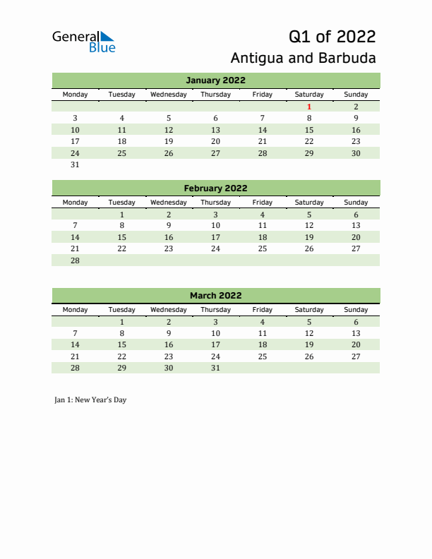 Quarterly Calendar 2022 with Antigua and Barbuda Holidays