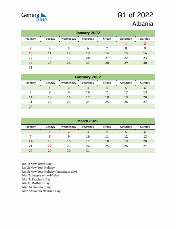 Quarterly Calendar 2022 with Albania Holidays