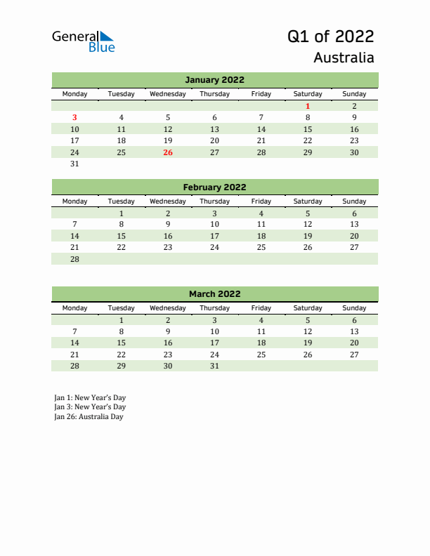 Quarterly Calendar 2022 with Australia Holidays