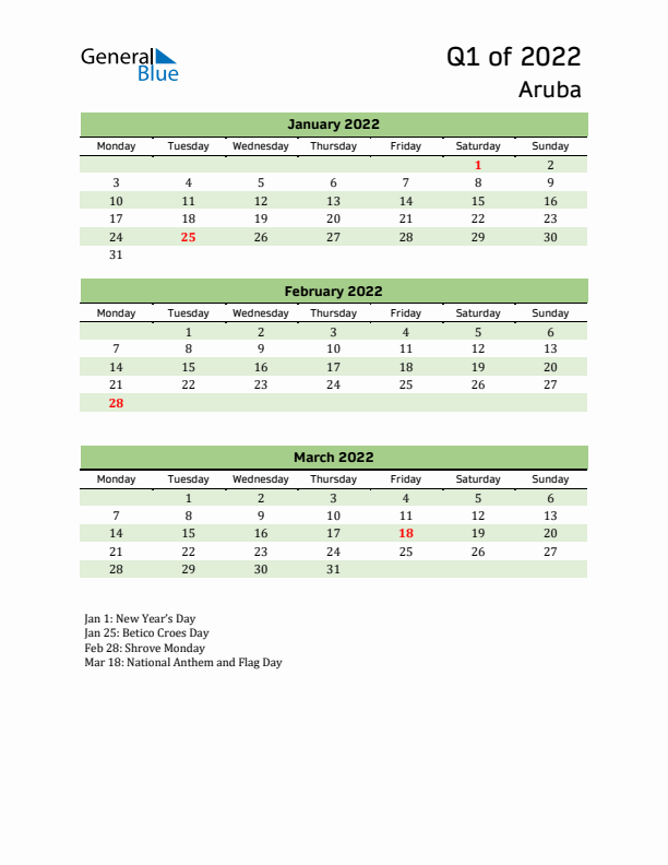 Quarterly Calendar 2022 with Aruba Holidays