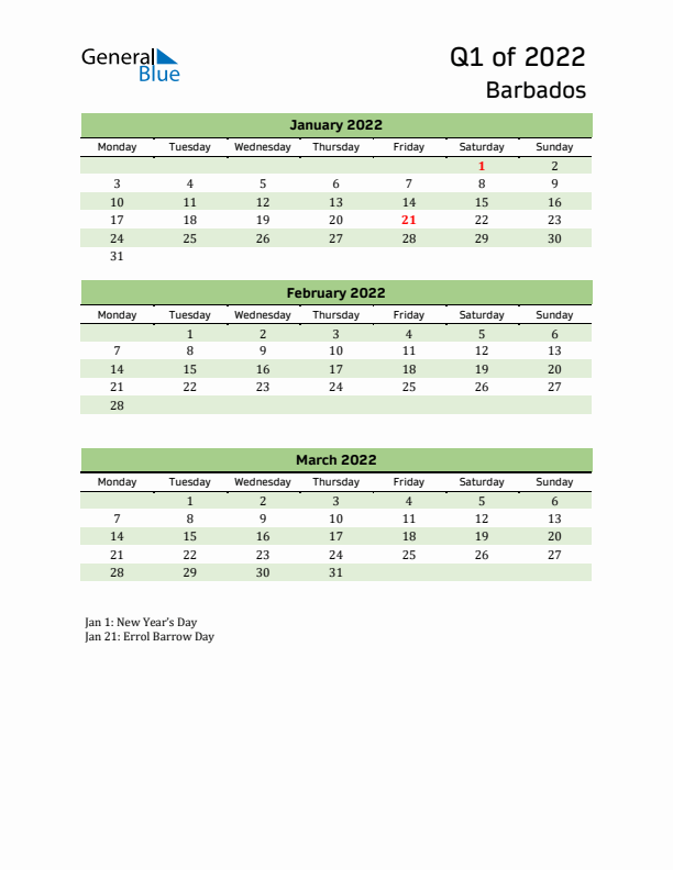 Quarterly Calendar 2022 with Barbados Holidays