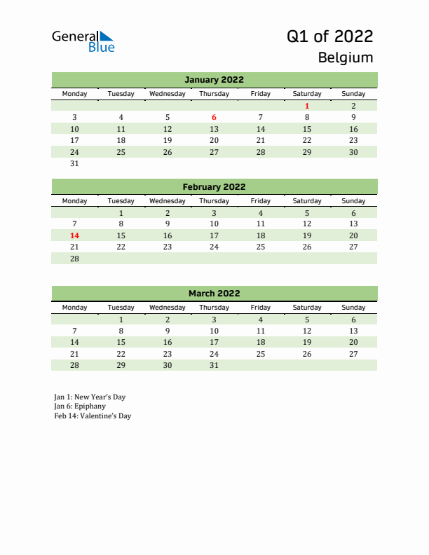 Quarterly Calendar 2022 with Belgium Holidays