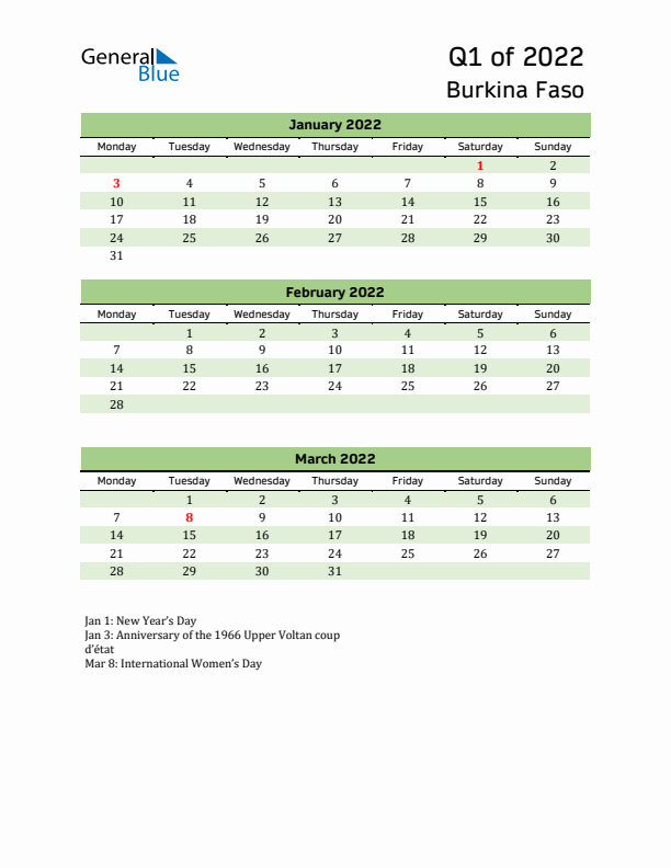 Quarterly Calendar 2022 with Burkina Faso Holidays