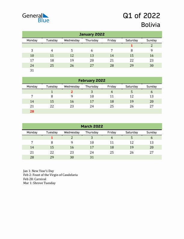 Quarterly Calendar 2022 with Bolivia Holidays