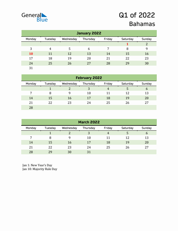 Quarterly Calendar 2022 with Bahamas Holidays