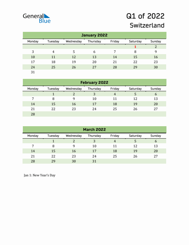 Quarterly Calendar 2022 with Switzerland Holidays