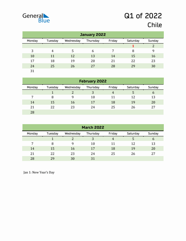 Quarterly Calendar 2022 with Chile Holidays