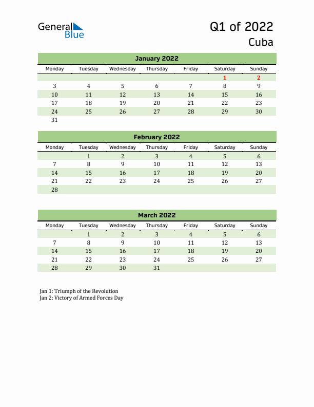 Quarterly Calendar 2022 with Cuba Holidays