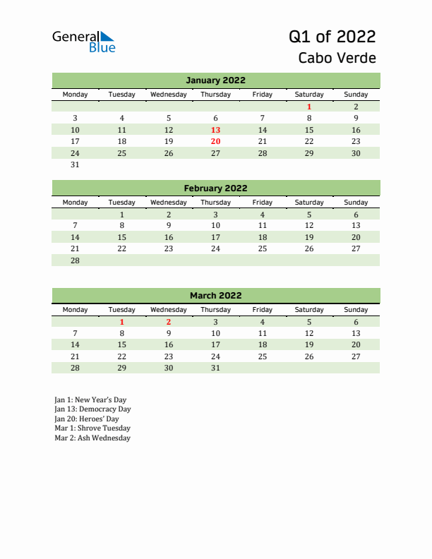 Quarterly Calendar 2022 with Cabo Verde Holidays