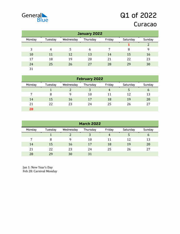 Quarterly Calendar 2022 with Curacao Holidays