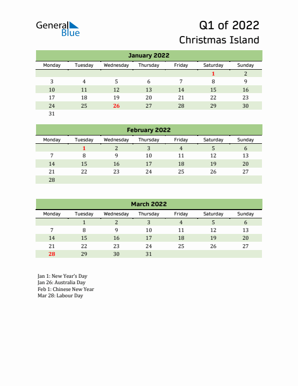 Quarterly Calendar 2022 with Christmas Island Holidays