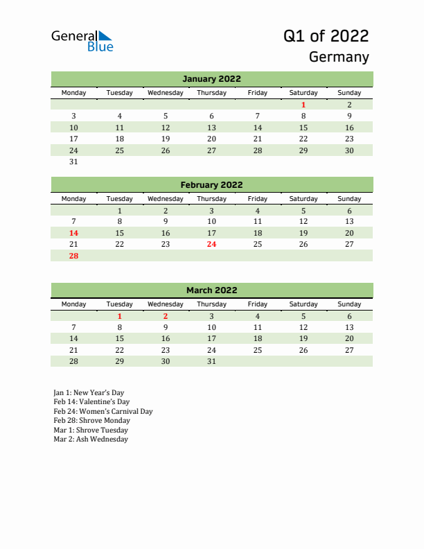 Quarterly Calendar 2022 with Germany Holidays