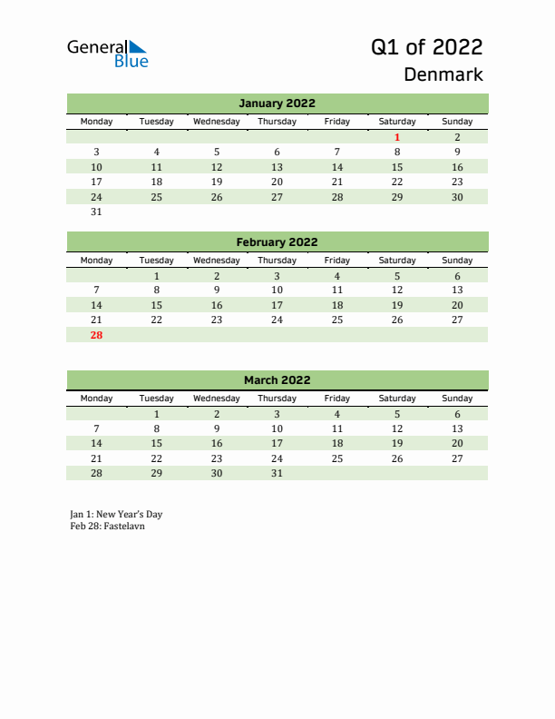 Quarterly Calendar 2022 with Denmark Holidays