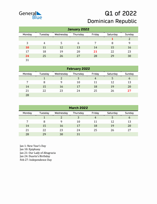 Quarterly Calendar 2022 with Dominican Republic Holidays