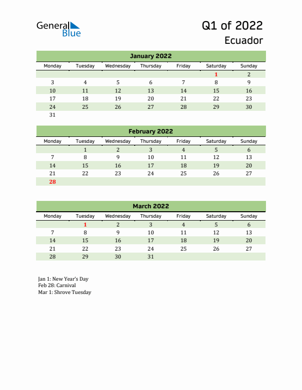 Quarterly Calendar 2022 with Ecuador Holidays