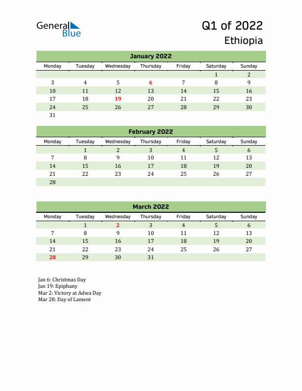 Quarterly Calendar 2022 with Ethiopia Holidays