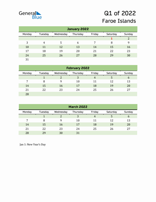 Quarterly Calendar 2022 with Faroe Islands Holidays