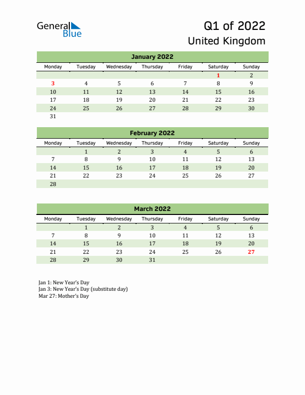 Quarterly Calendar 2022 with United Kingdom Holidays