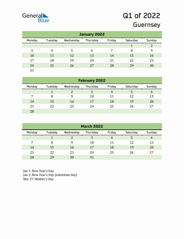 Quarterly Calendar 2022 with Guernsey Holidays