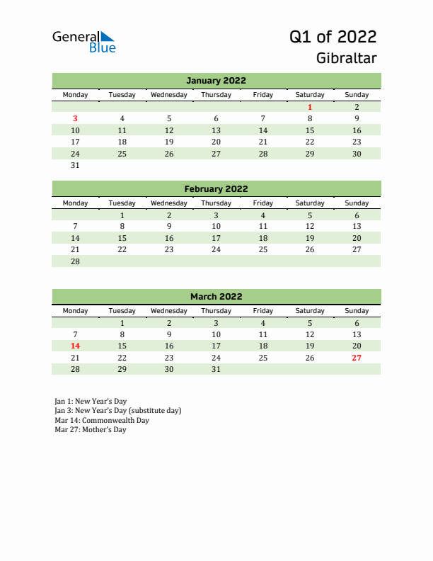 Quarterly Calendar 2022 with Gibraltar Holidays