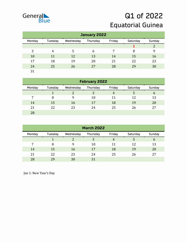 Quarterly Calendar 2022 with Equatorial Guinea Holidays