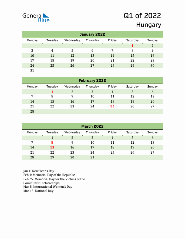 Quarterly Calendar 2022 with Hungary Holidays