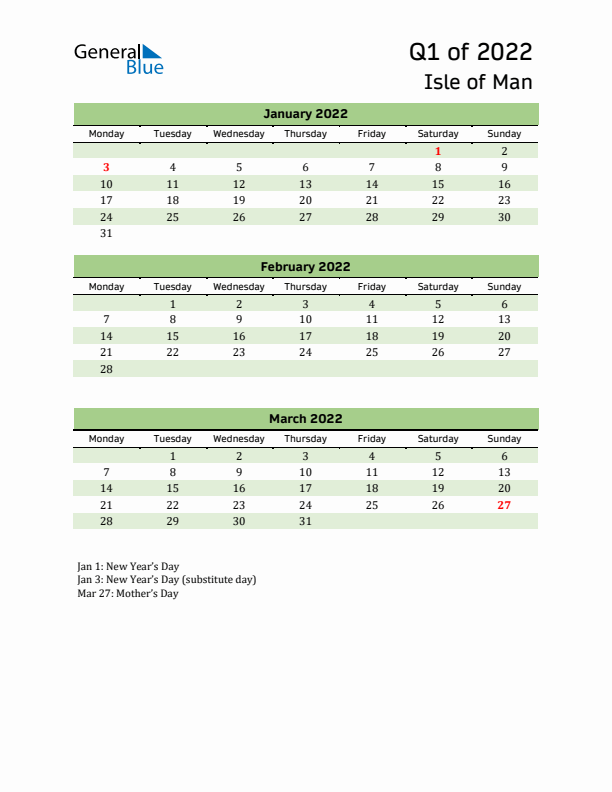 Quarterly Calendar 2022 with Isle of Man Holidays