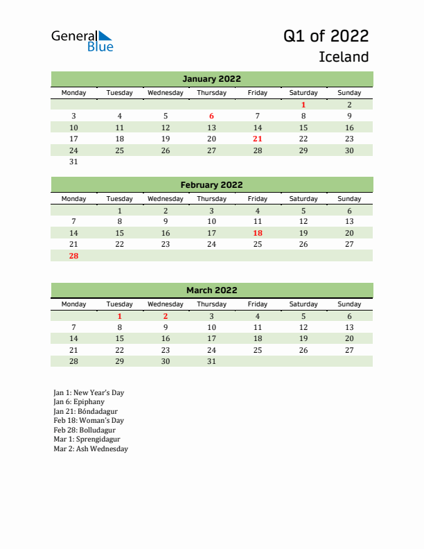 Quarterly Calendar 2022 with Iceland Holidays