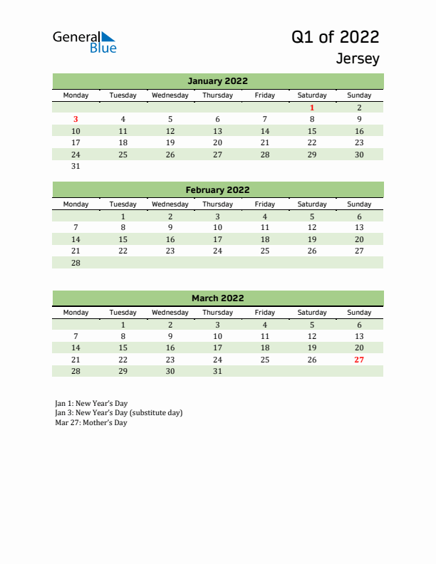 Quarterly Calendar 2022 with Jersey Holidays