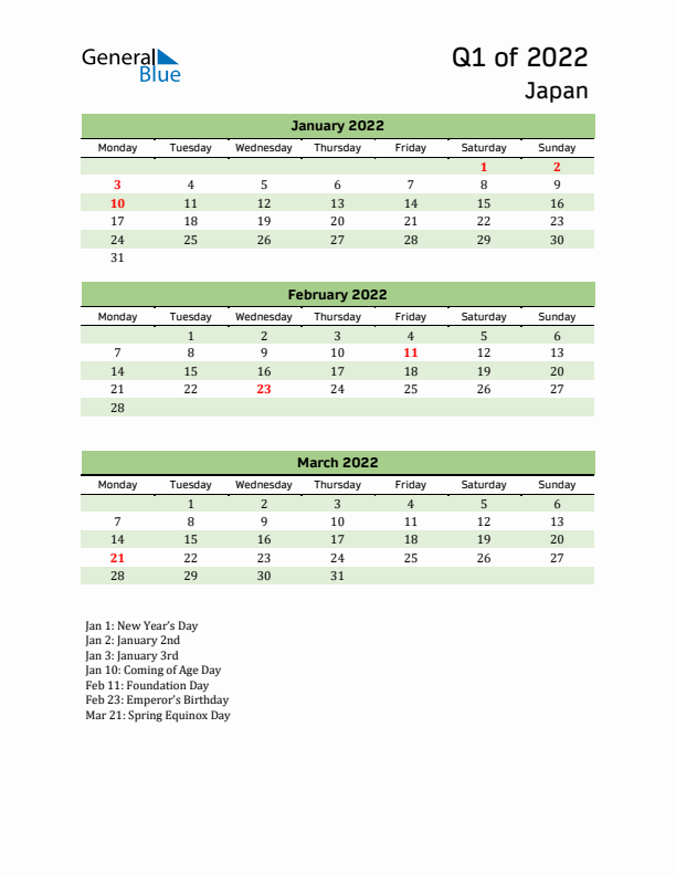 Quarterly Calendar 2022 with Japan Holidays