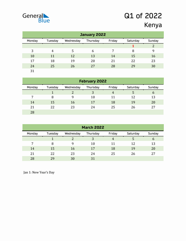 Quarterly Calendar 2022 with Kenya Holidays