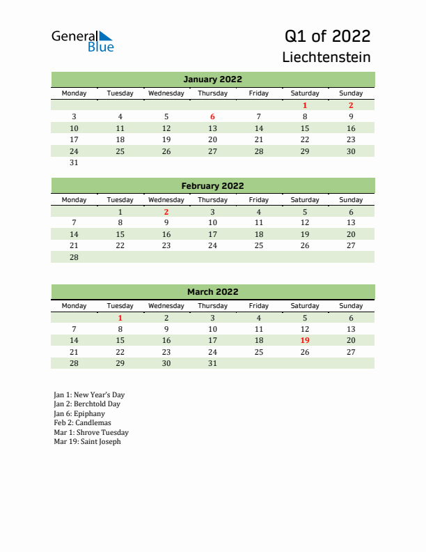 Quarterly Calendar 2022 with Liechtenstein Holidays